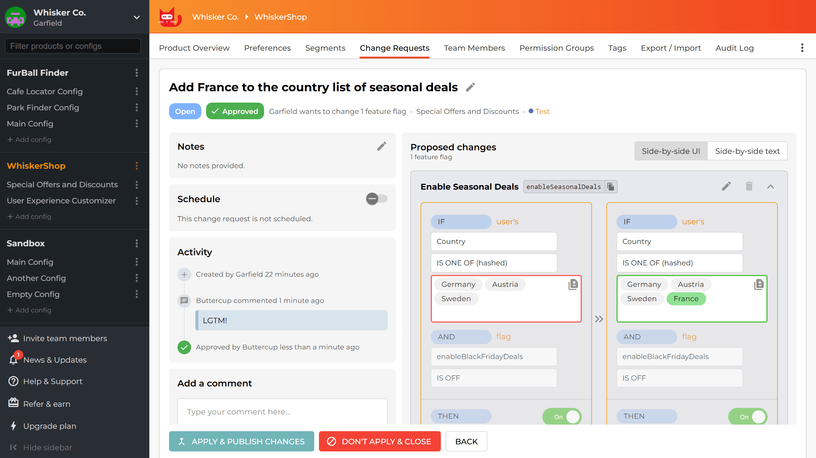 A feature flag change request in ConfigCat