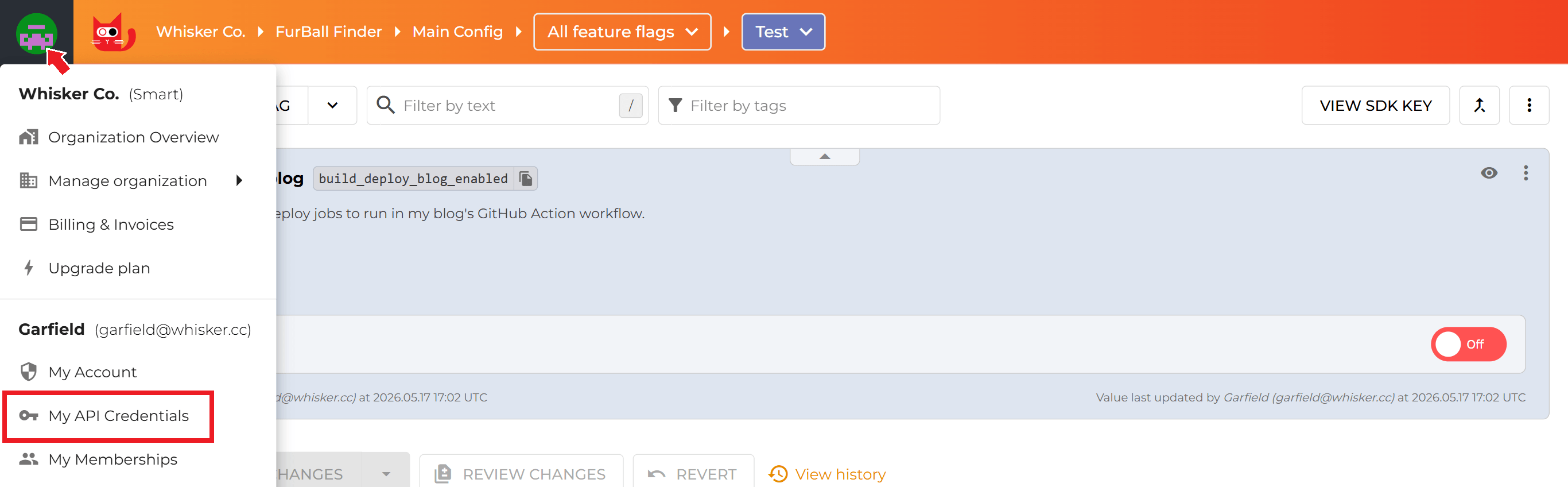 API credentials option on the sidebar menu