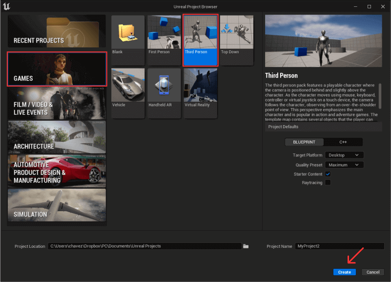 Creating a new unreal project