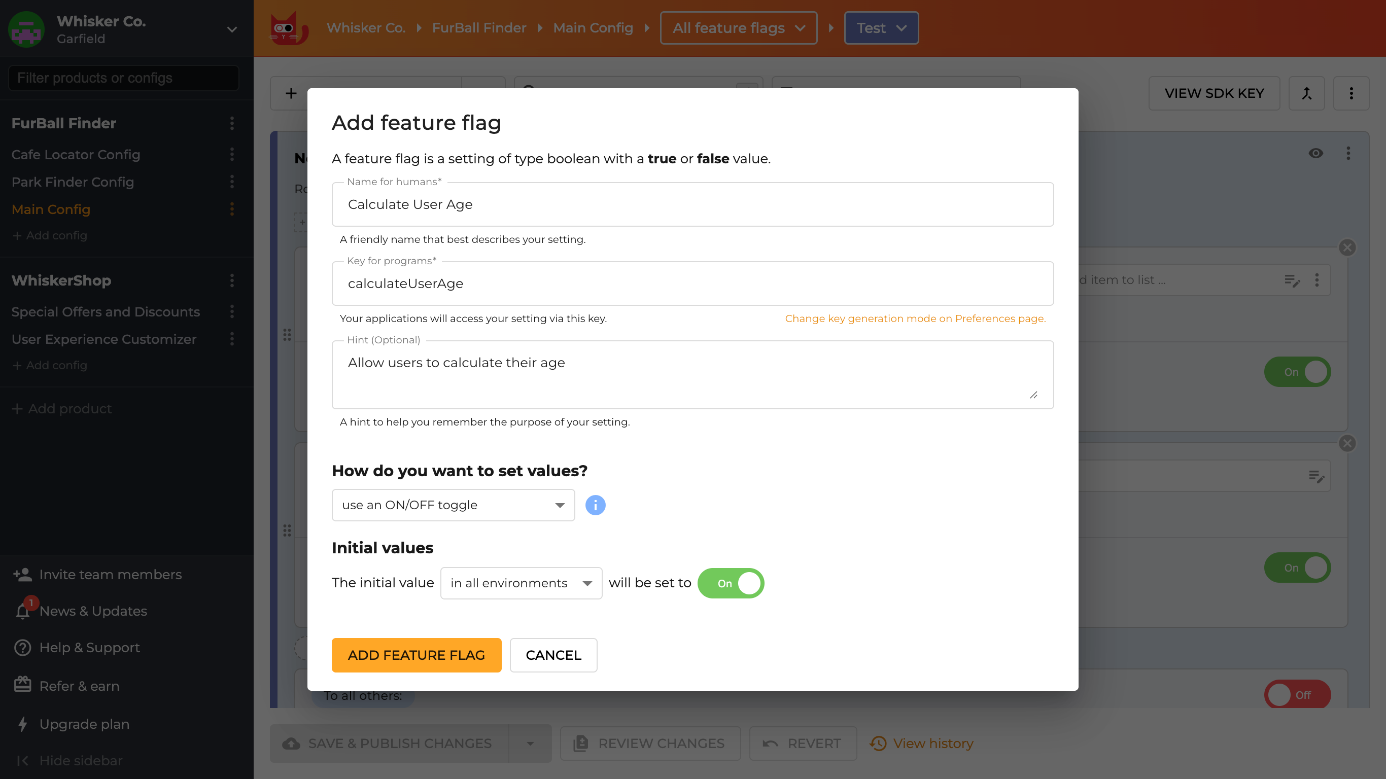 Creating a feature flag in the ConfigCat dashboard
