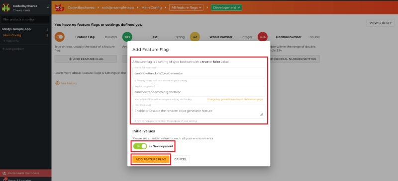 Screenshot of creating a feature flag
