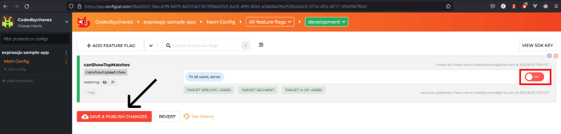 Snapshot of ConfigCat's dashboard - switching a feature flag off