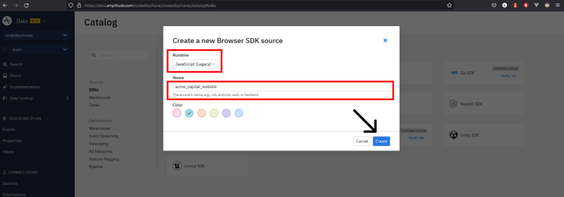 A snapshot of creating a source