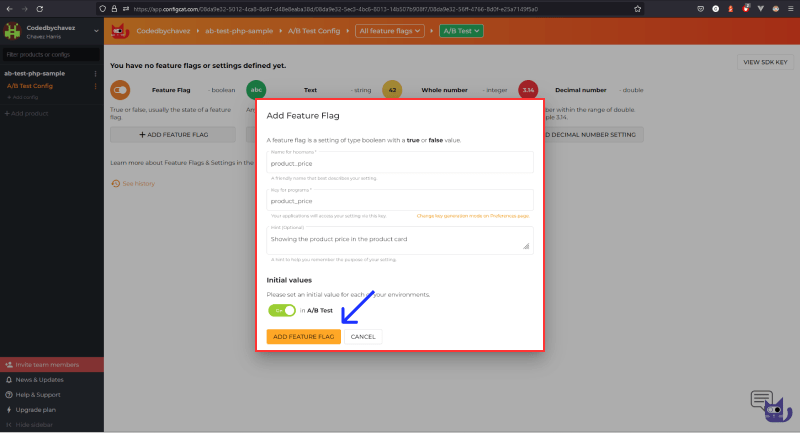 Screenshot of adding a feature flag