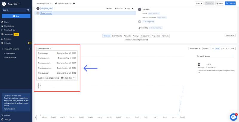 Snapshot of compare to past dropdown options