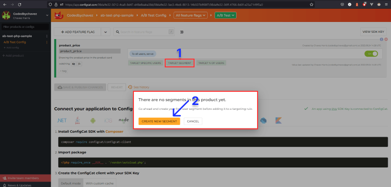 Screenshot of creating a user segment - pop up