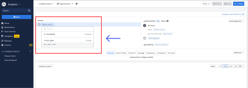 Snapshot of selecting the event for the analysis chart on Amplitude