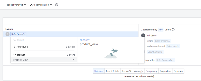 Screenshot of selecting the event for the analysis chart on Amplitude