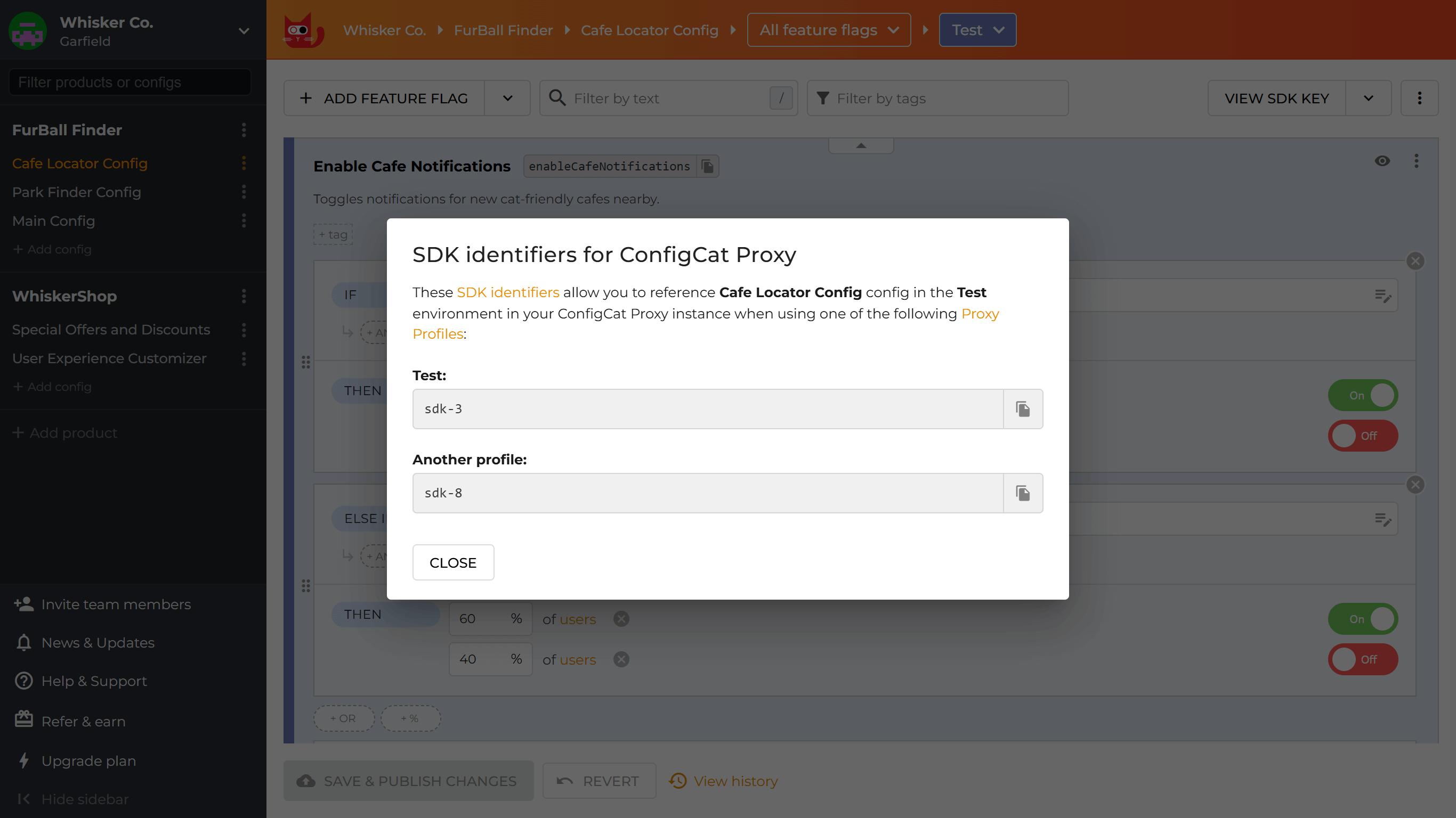 Click on view SDK identifiers for ConfigCat Proxy
