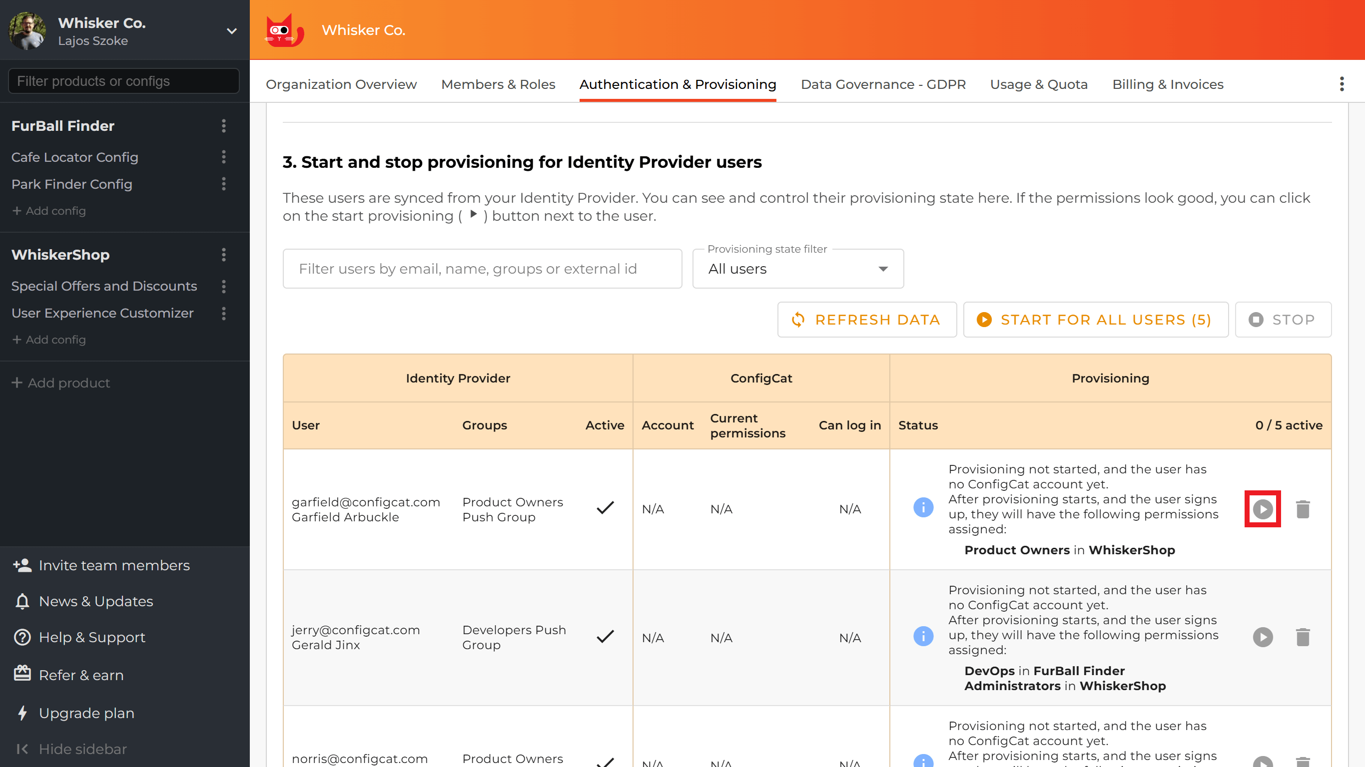 Start/Stop provisioning